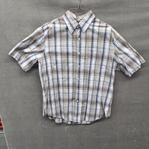 Dockers Shirt Mens Medium Brown Blue Plaid Short Sleeve Button Up Casual Cotton